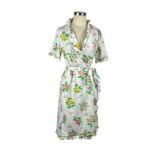 EVELYN PEARSON White Pink Green Floral Faux Wrap Mini Dress Women's Size Small